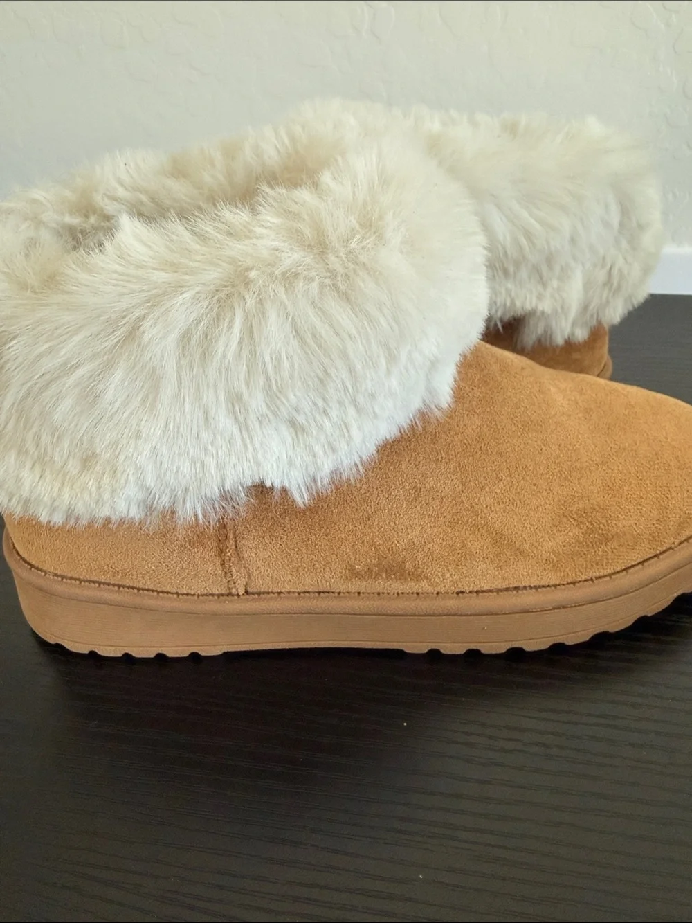 Kids Faux Fur-Lined Slipper Boots in Tan and Cream